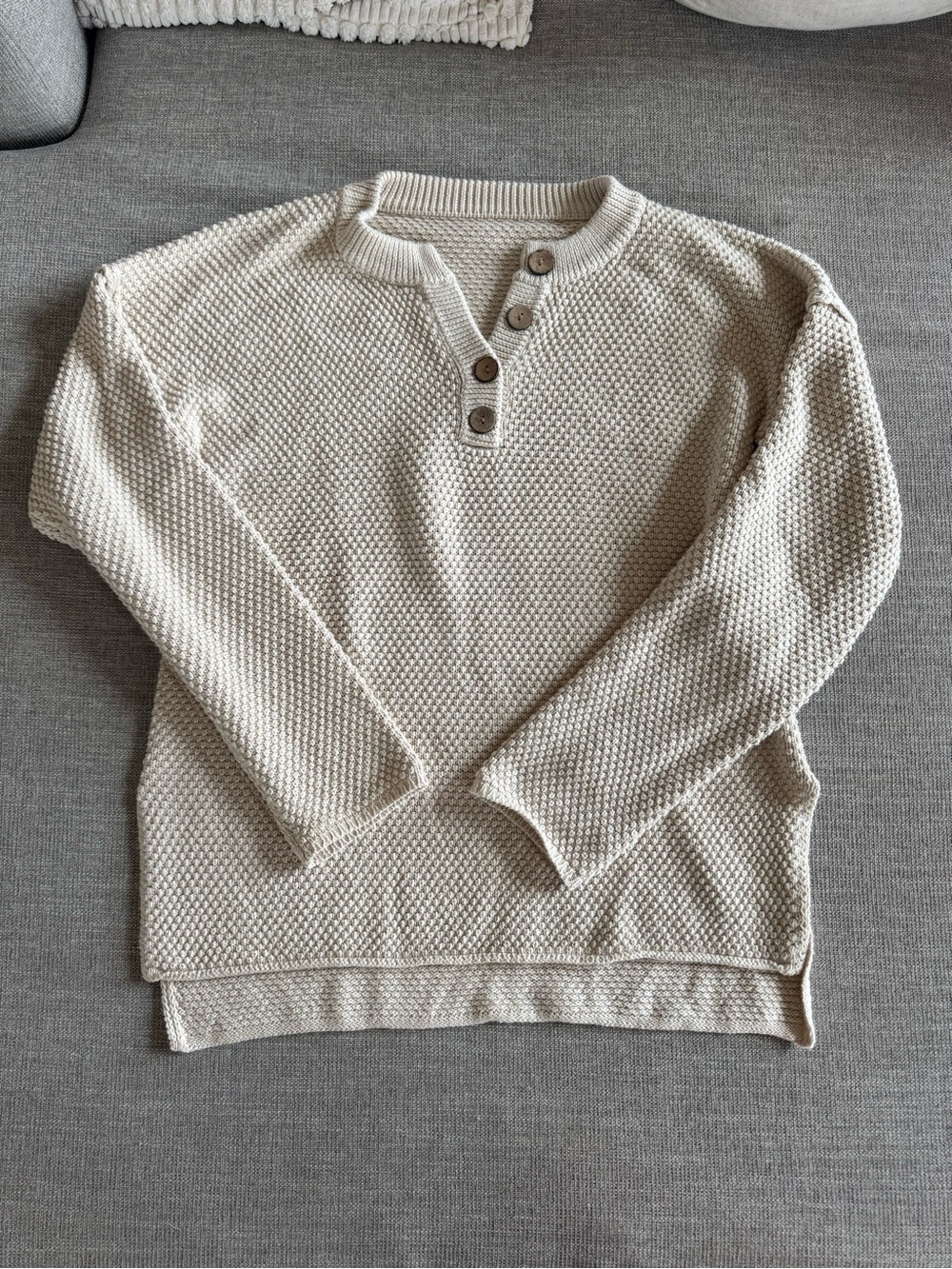 Amazon Women's Cream Textured Henley Crewneck Sweater